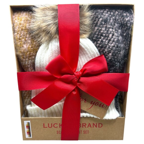Lucky Brand Hat And Scarf Set Ivory Ribbed Beanie W/Faux Fur Pom & Plaid Scarf - Picture 5 of 6